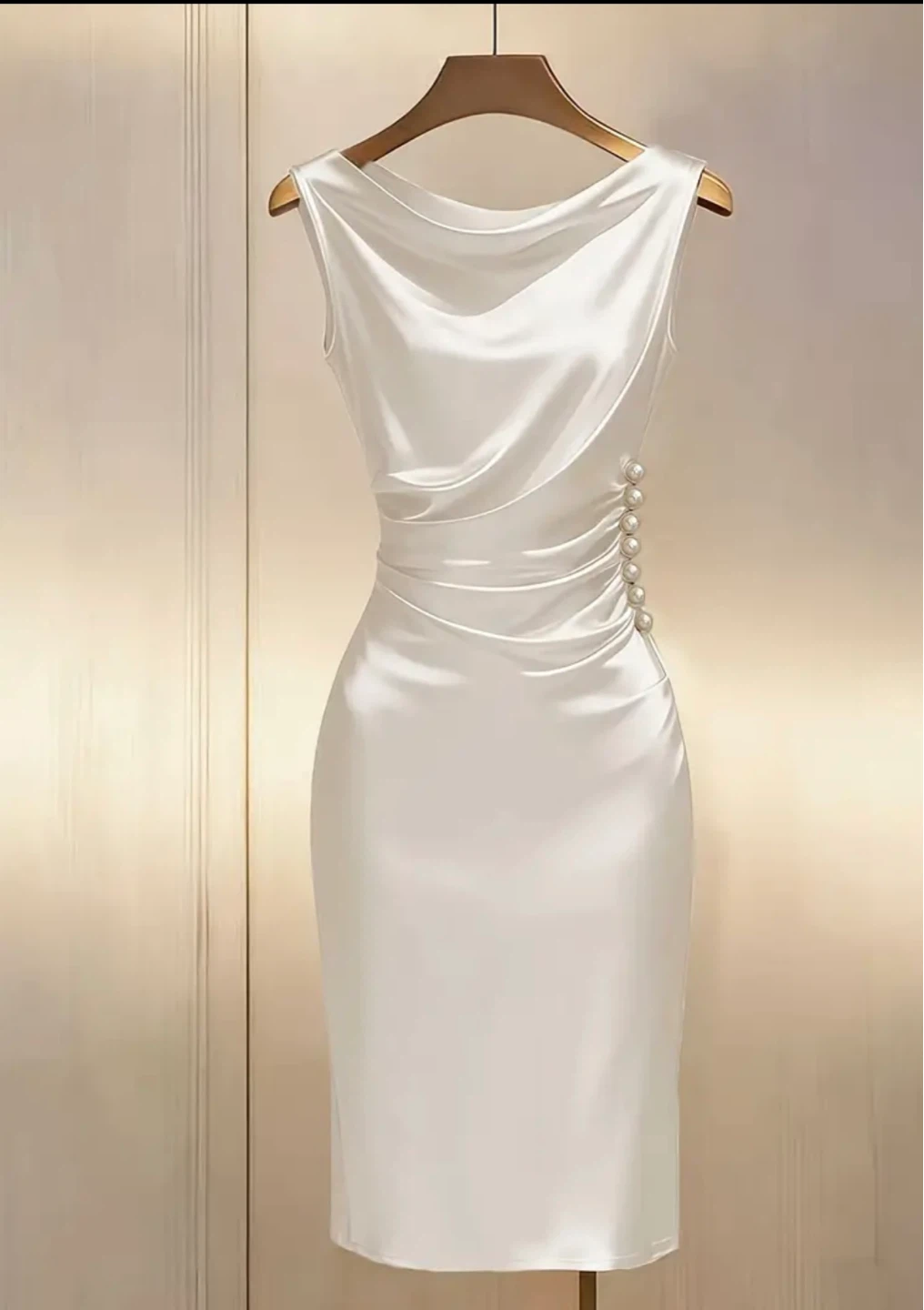 White Sleeveless Cowl Neck Dress with Pearl Embellishments