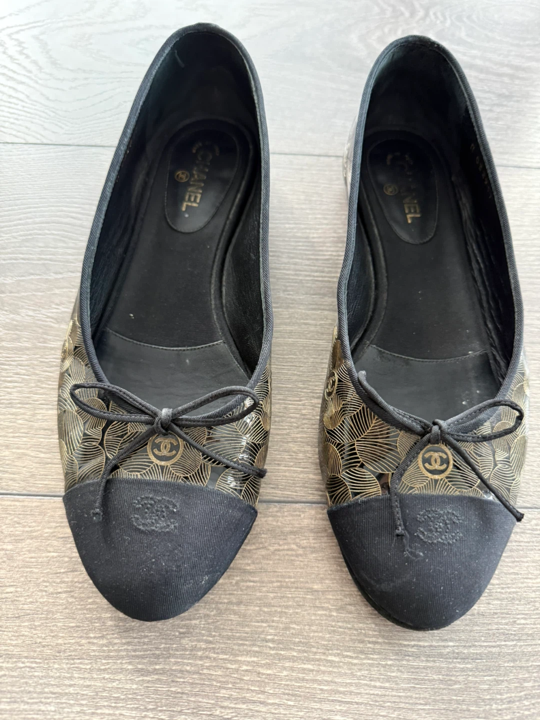 Authentic CHANEL Black & Gold Ballet Flats