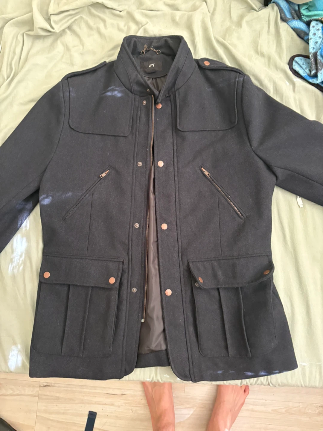 H&M Men's Black Wool Blend Military Style Jacket Size 44R