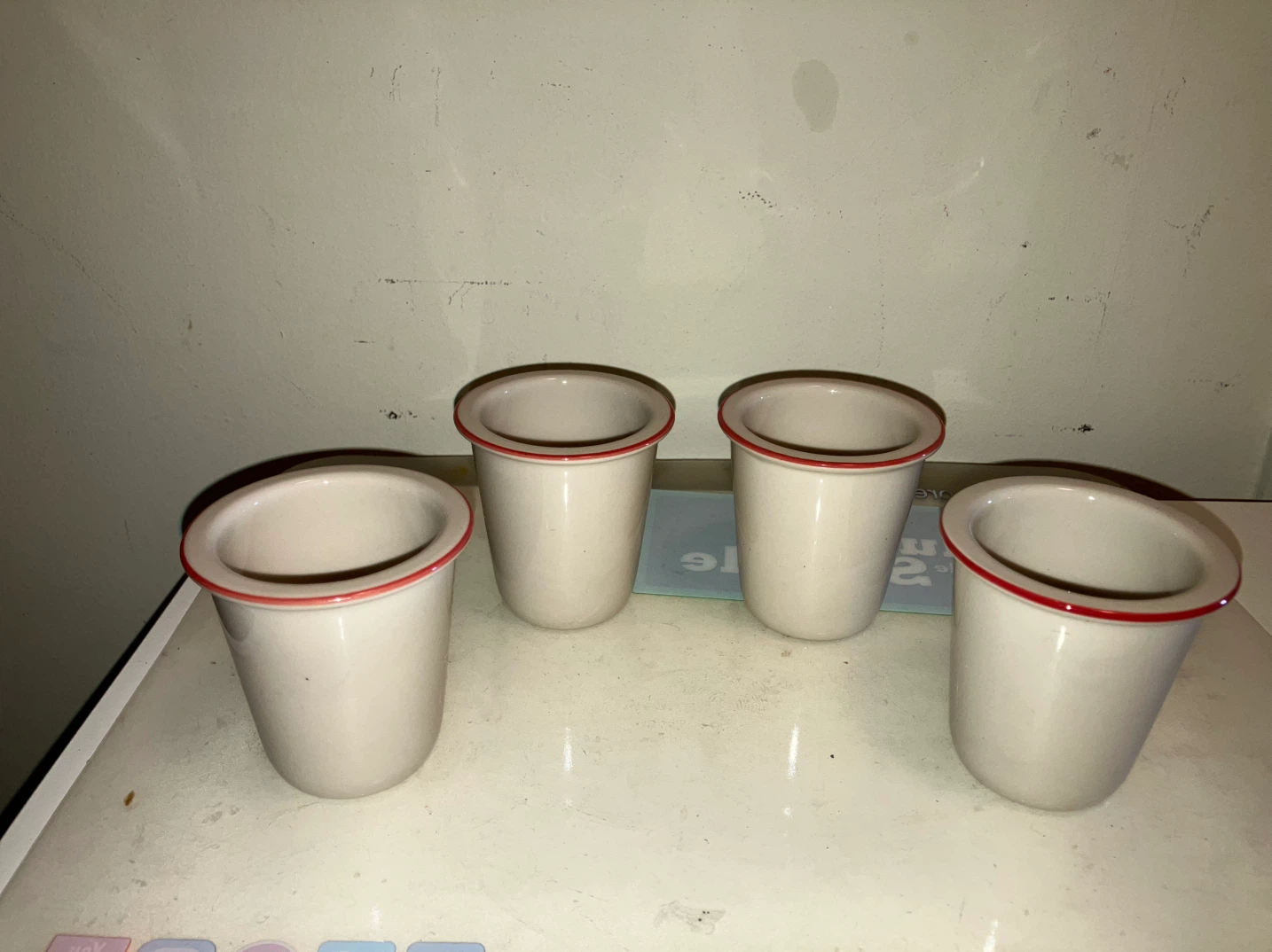 Set of 4 Ceramic Ramekins with Red Trim-3” height