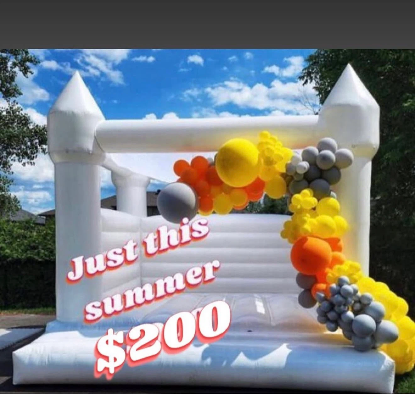 White Bouncy Castle with Balloons for rent