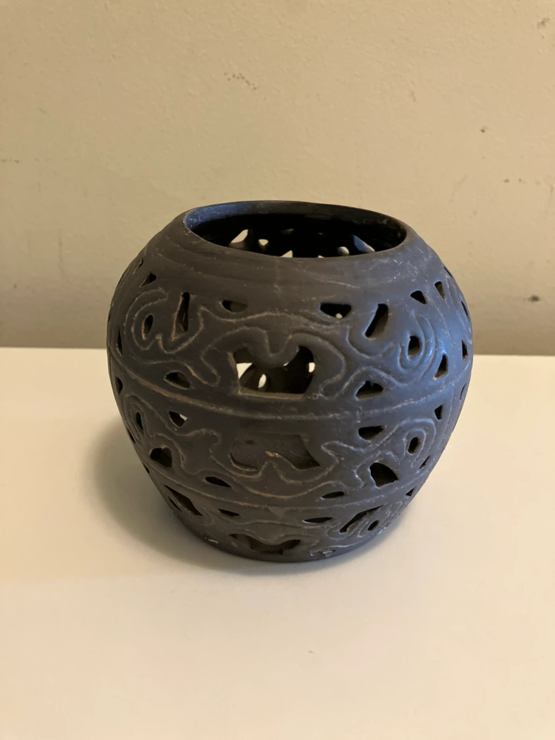 Black Ceramic Cutout Candle Holder-height 4”