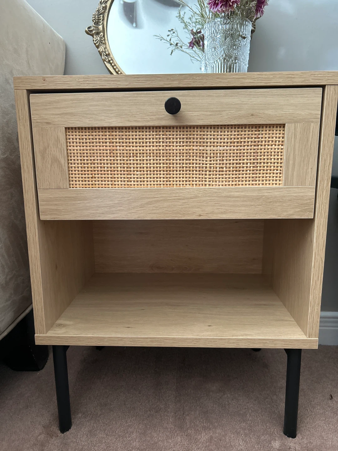 Oak-look Nightstand with Rattan Drawer