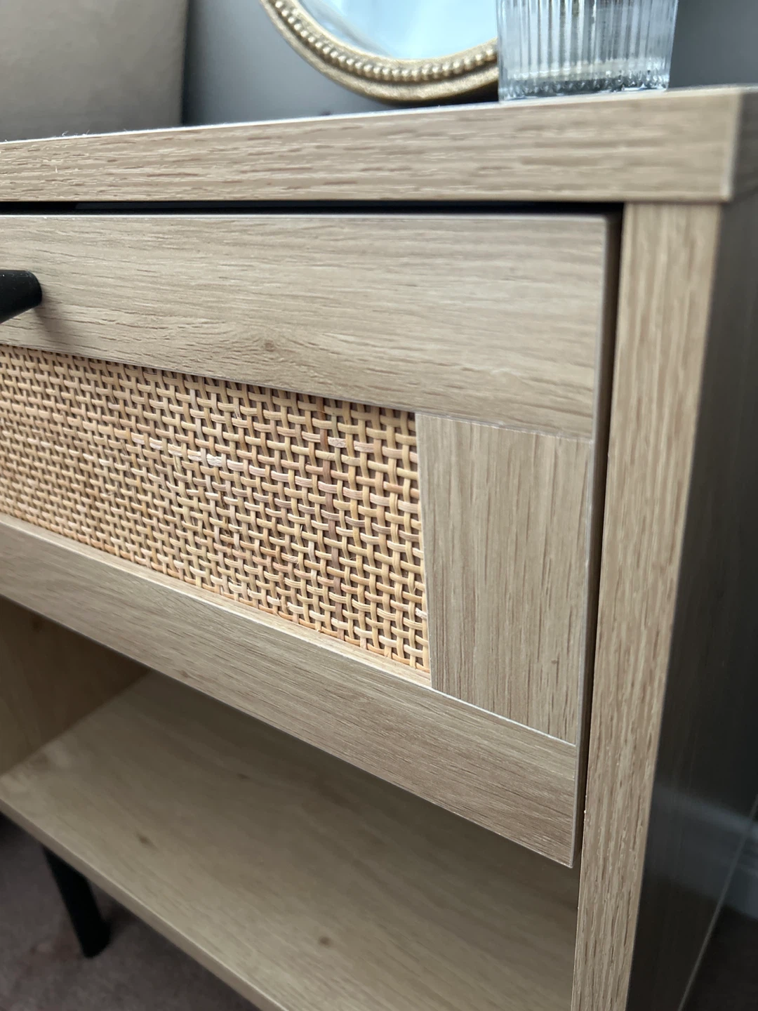 Oak-look Nightstand with Rattan Drawer - photo 2
