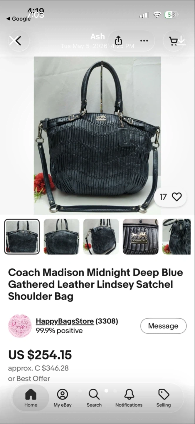 Coach Madison Deep Blue Gathered Leather Lindsey Satchel - photo 4