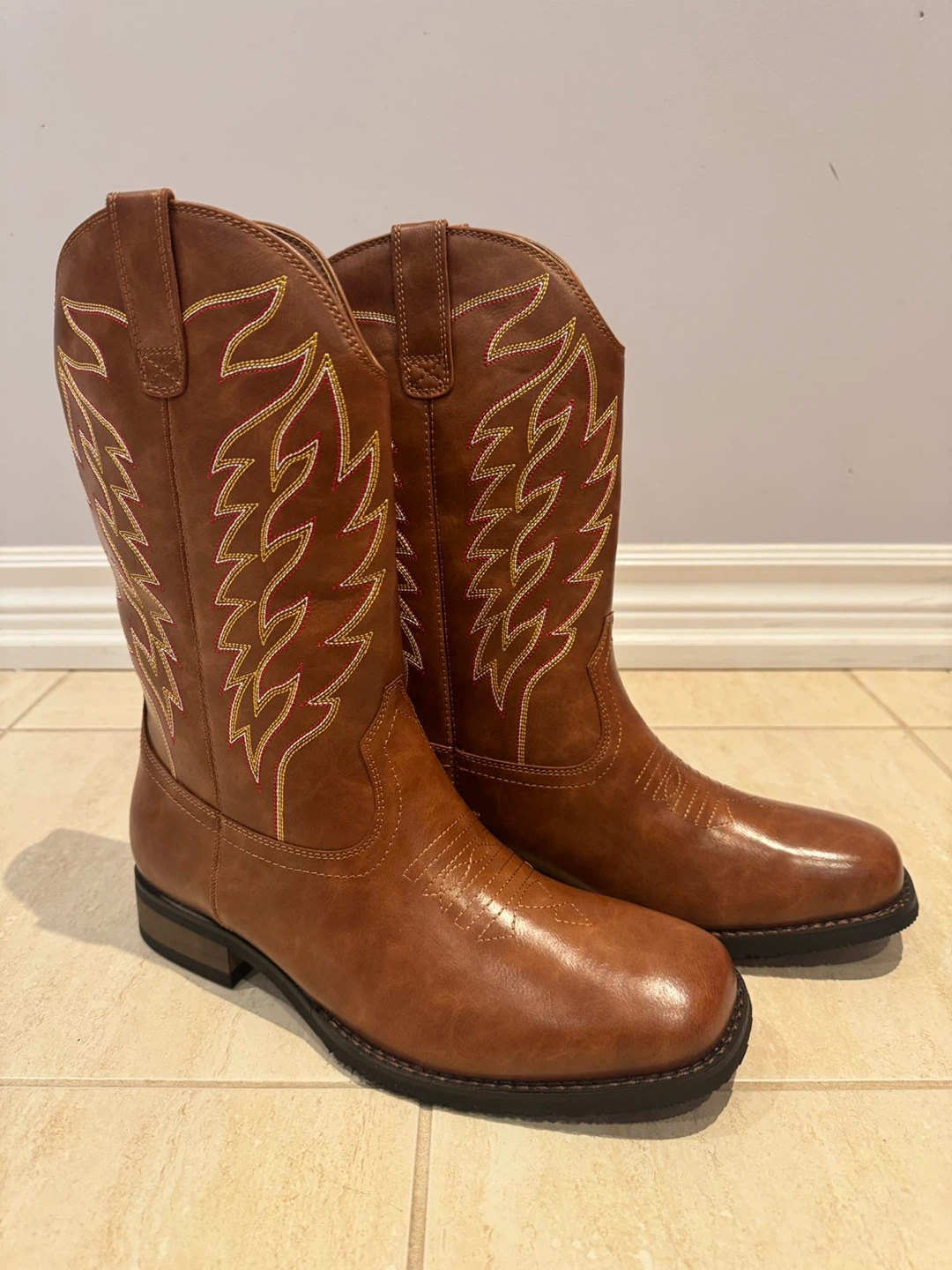 Brown Faux Leather Cowboy Boots with Stitching