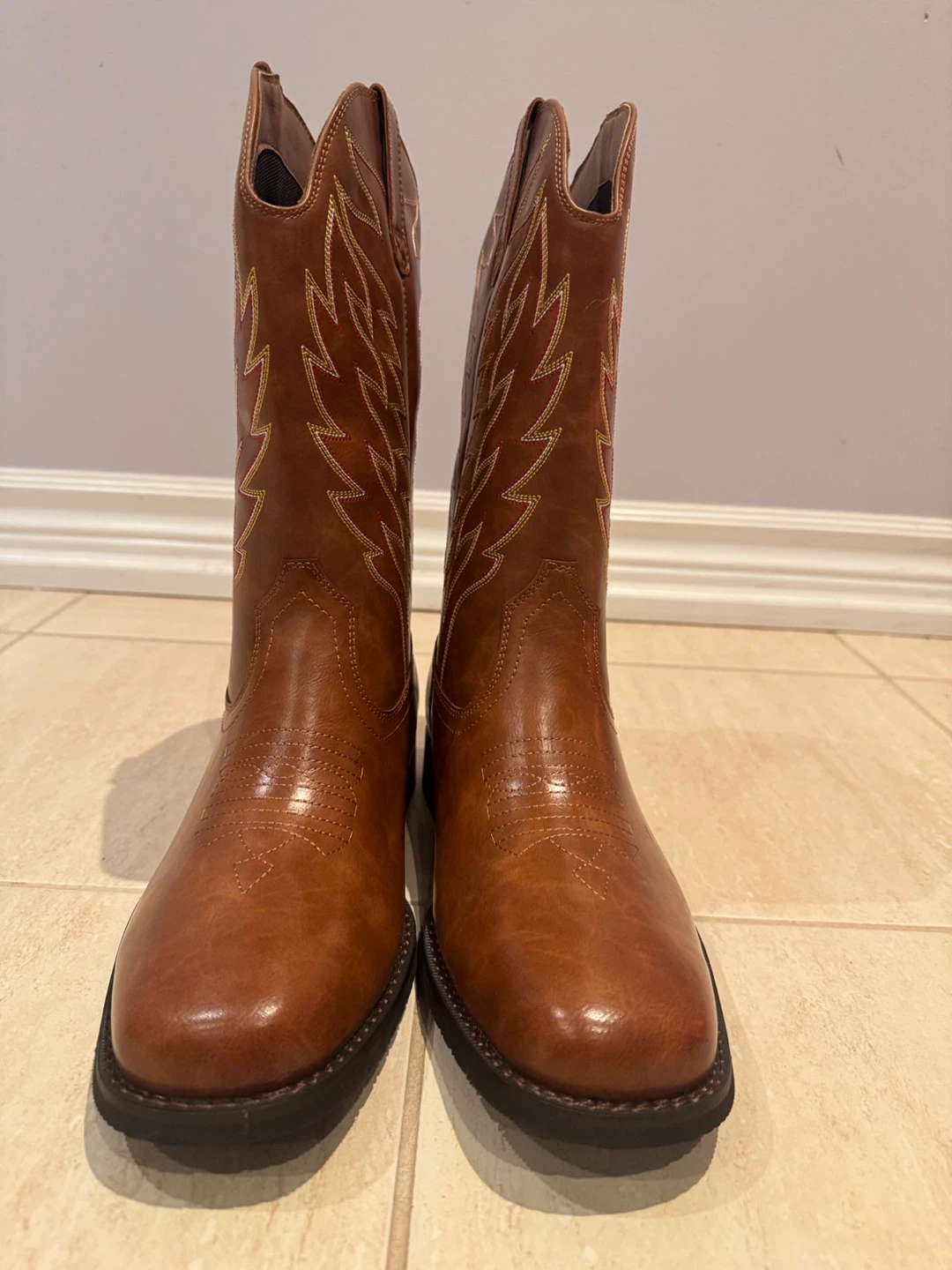 Brown Faux Leather Cowboy Boots with Stitching - photo 2
