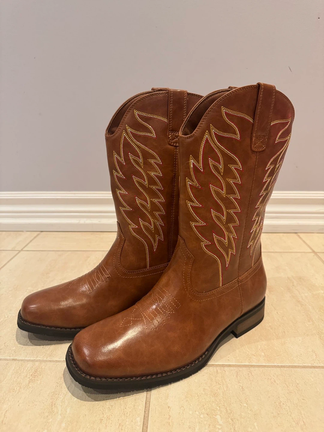 Brown Faux Leather Cowboy Boots with Stitching - photo 3