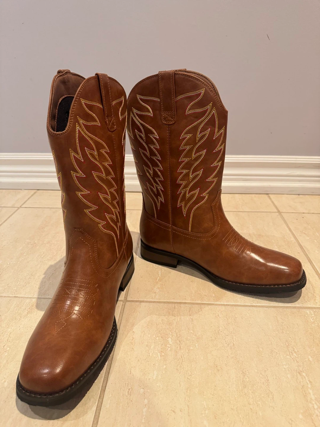 Brown Faux Leather Cowboy Boots with Stitching - photo 4