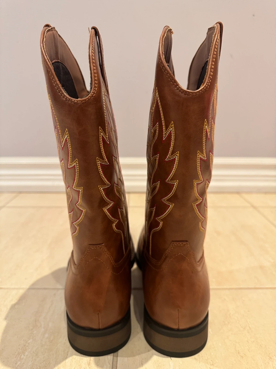 Brown Faux Leather Cowboy Boots with Stitching - photo 5