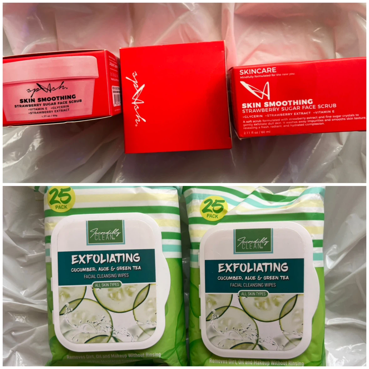3 Strawberry Sugar Face Scrubs & 2 Facial Cleansing Wipes