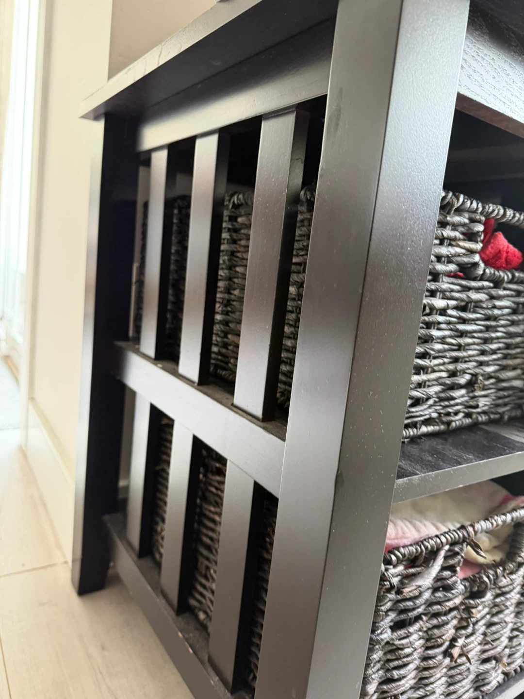 Dark Brown Storage Unit with Wicker Baskets