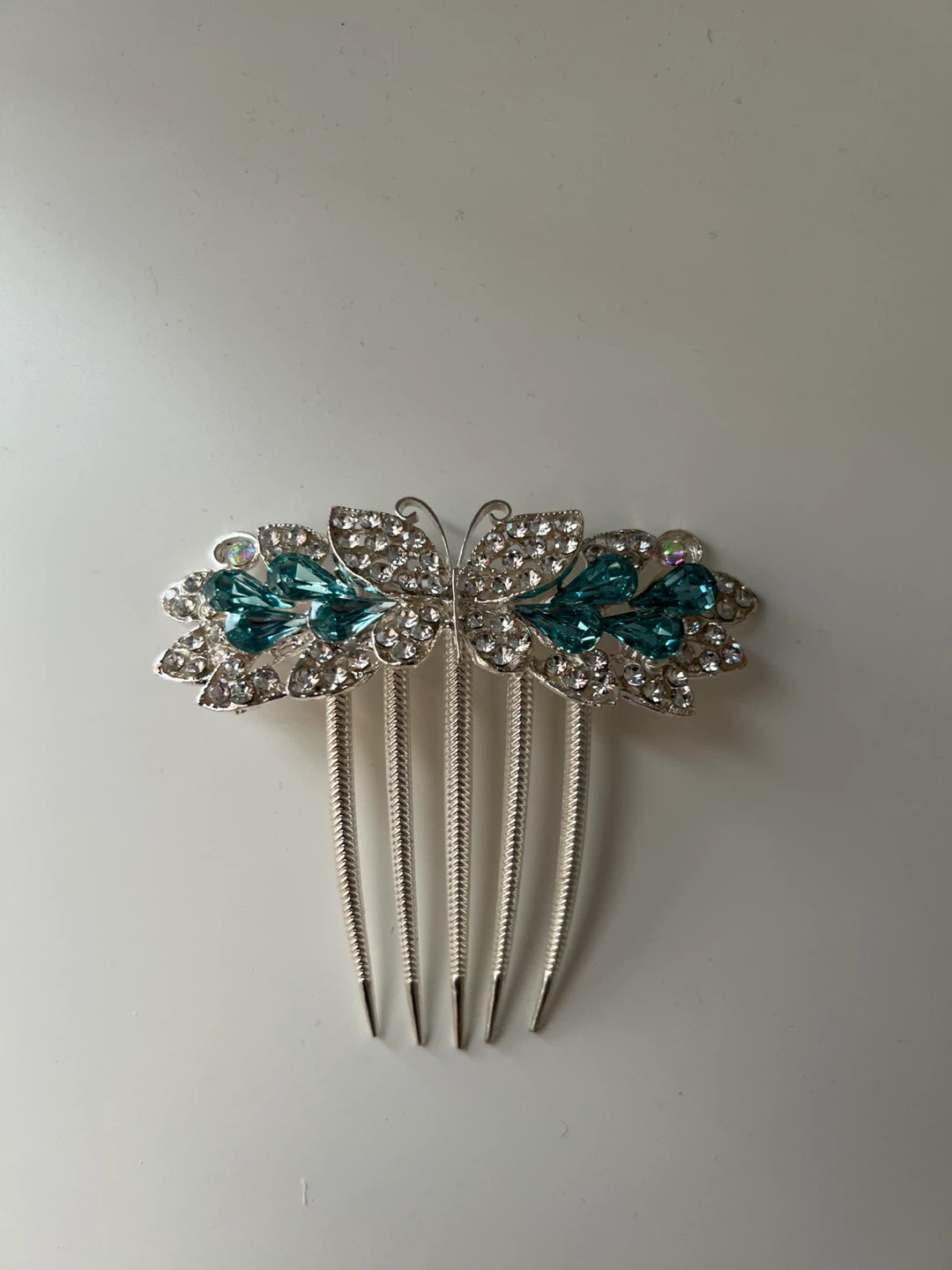 [NEW] Silver butterfly hair comb with blue & clear rhinestones