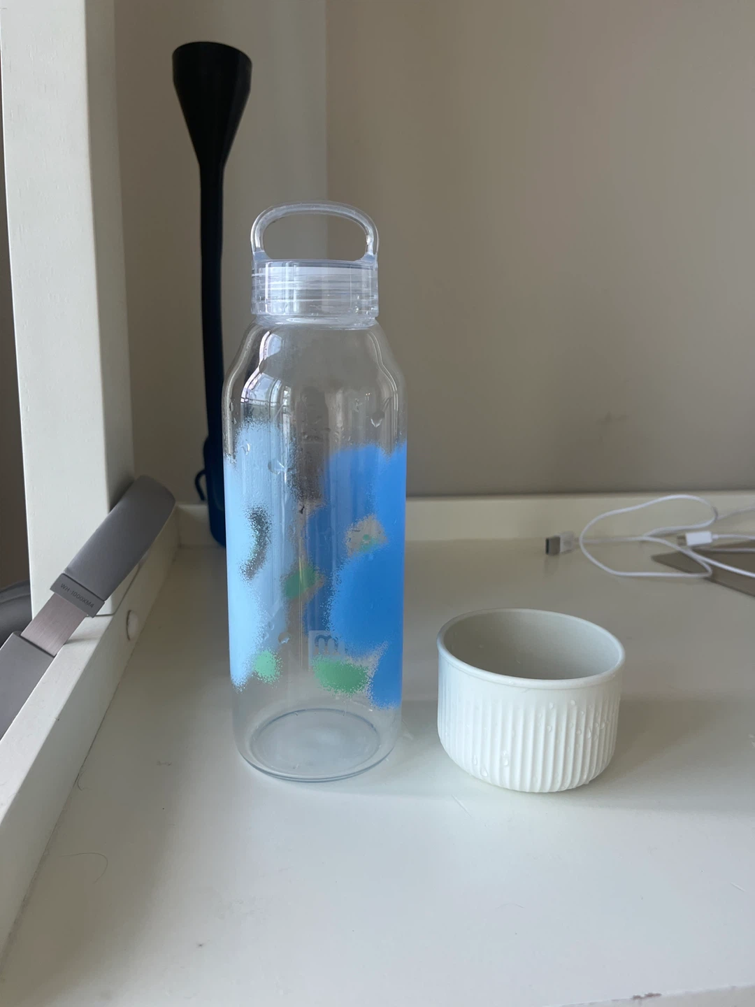Glass Water Bottle with Blue Flower Design