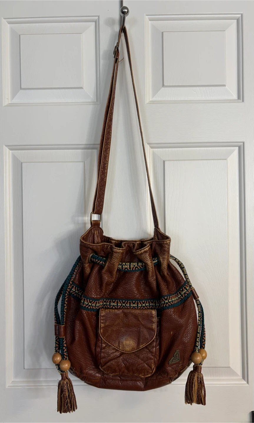 Vintage Bohemian Roxy Brown Faux-Leather Drawstring Bucket Bag - photo 2