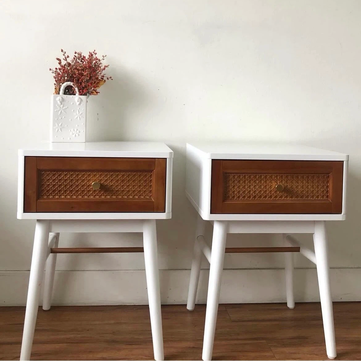 Pair of white nightstands with cane drawer fronts - photo 2