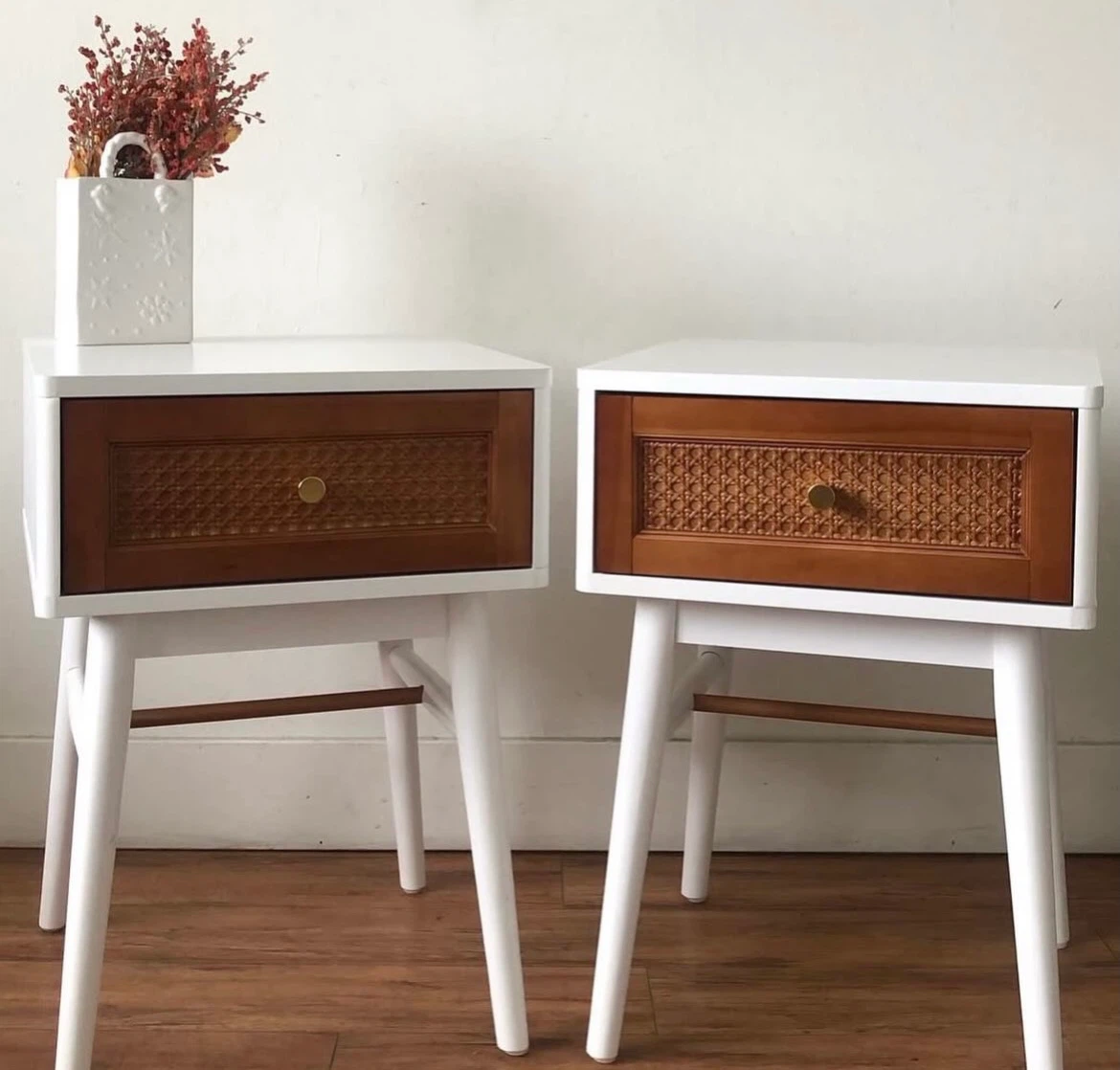 Pair of white nightstands with cane drawer fronts - photo 3