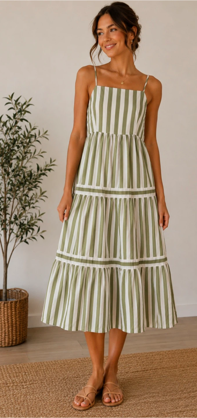 Striped Maxi Dress - Green/White