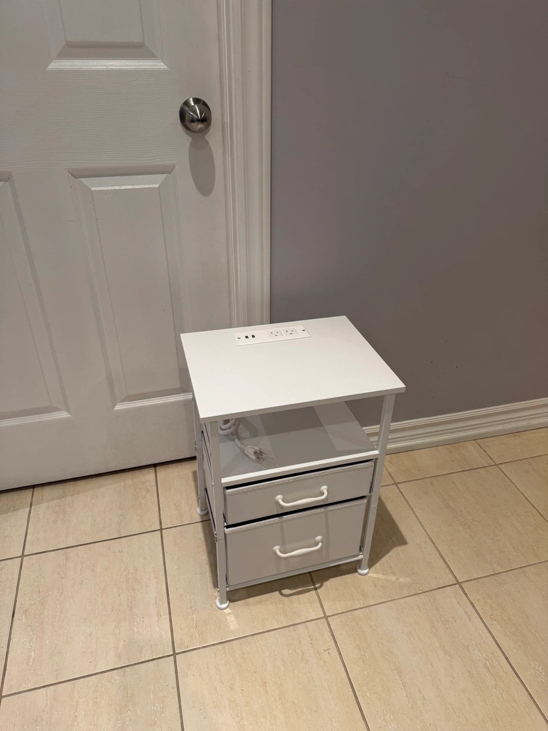 White Nightstand with Power Outlets and 2 Drawers