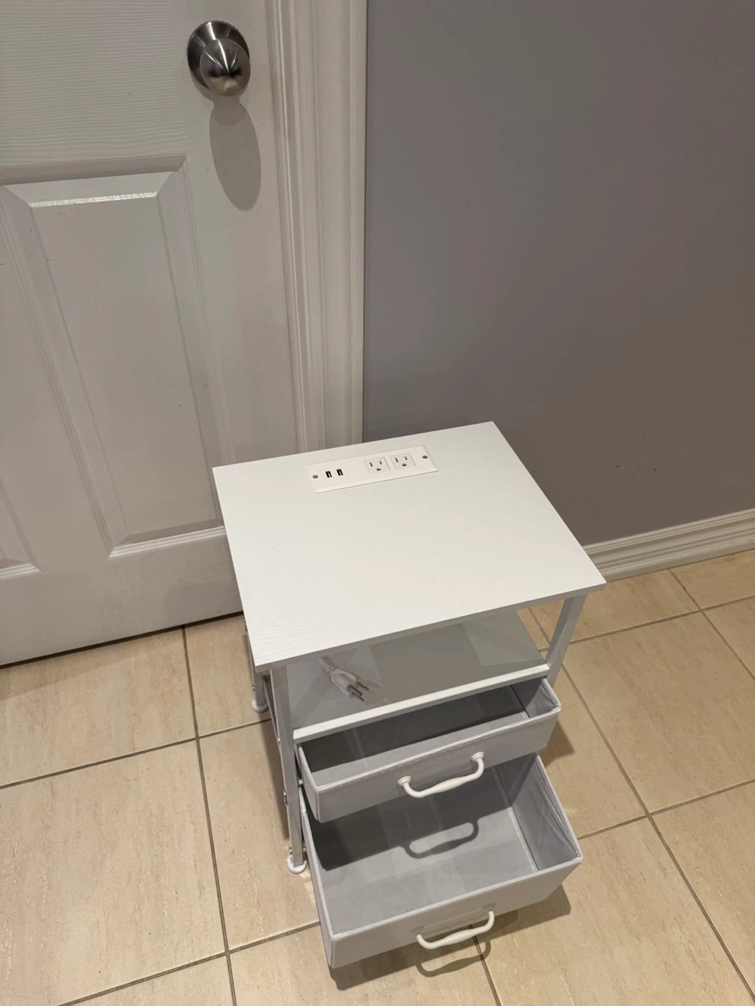 White Nightstand with Power Outlets and 2 Drawers - photo 2