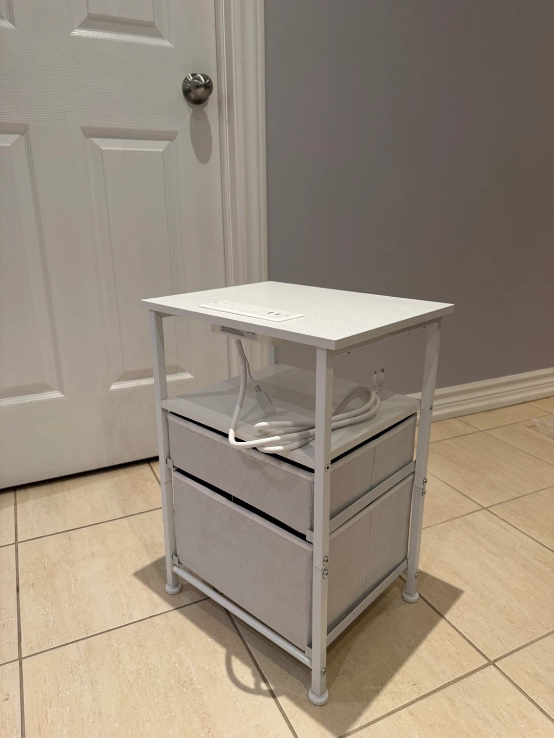 White Nightstand with Power Outlets and 2 Drawers - photo 3