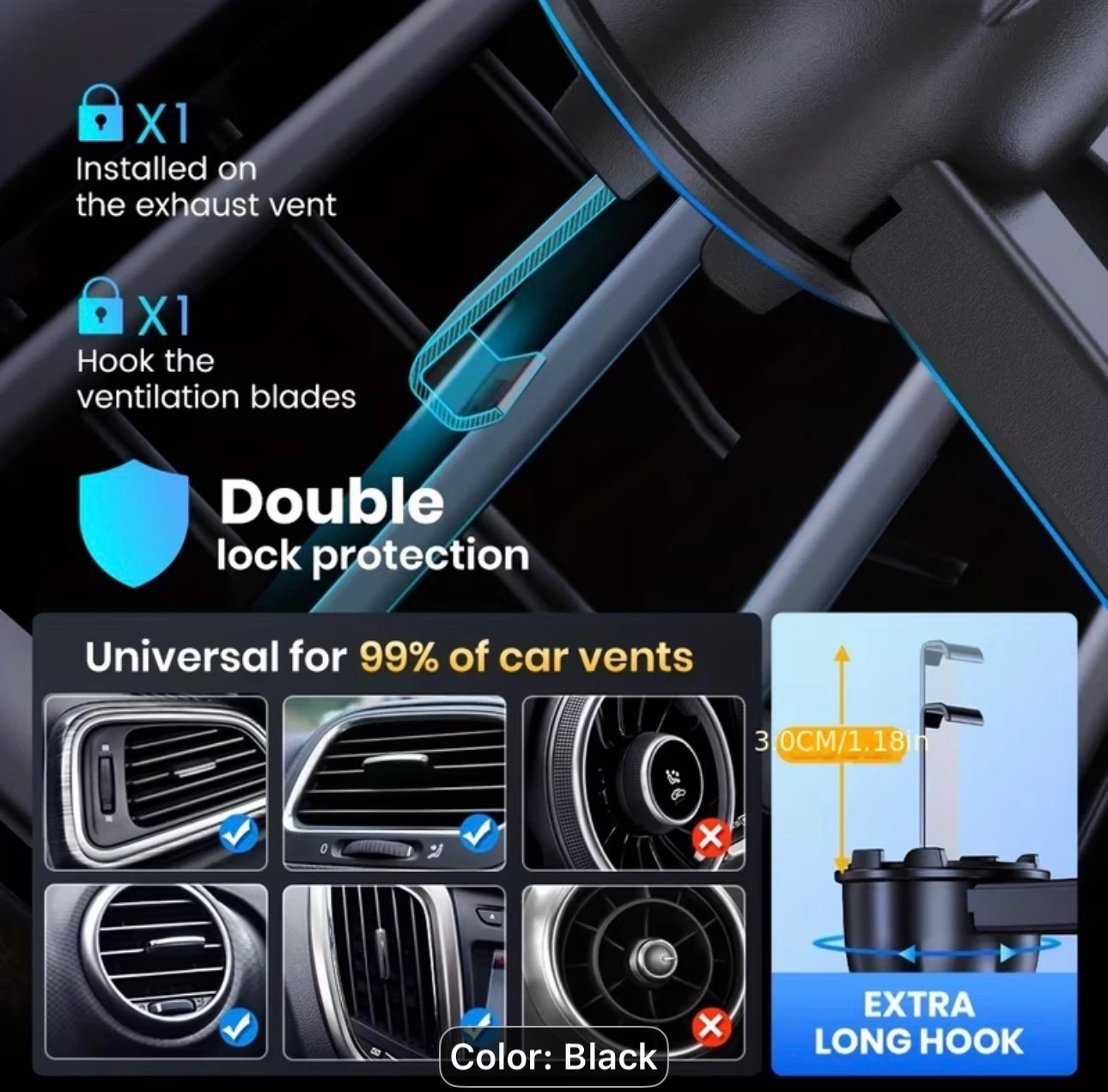 D40-S Heavy-Duty Car Phone Holder Mount with Metal Hook - photo 2