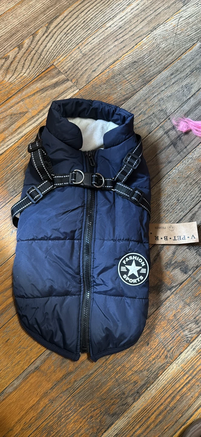 Navy Blue Puffer Dog Jacket with Harness - XXL