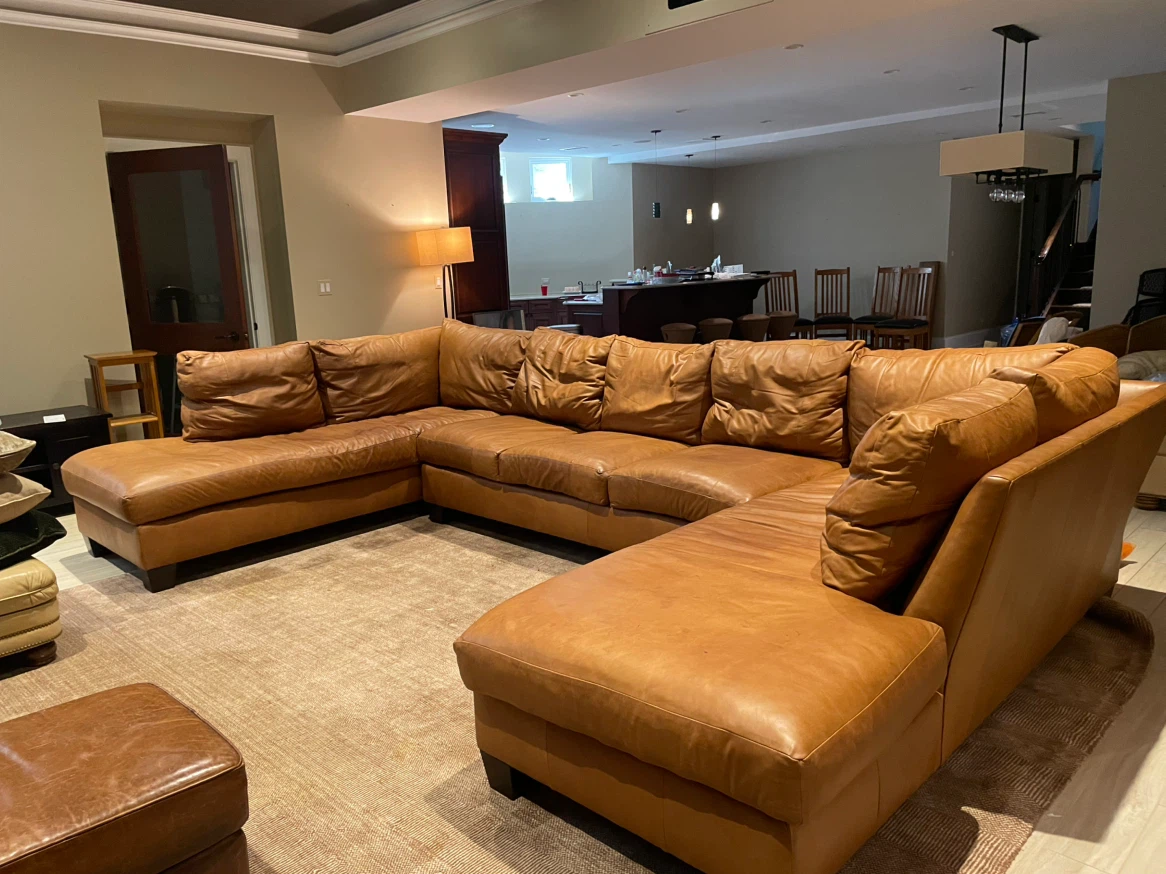 Large Brown Leather Sectional Sofa with Chaise
