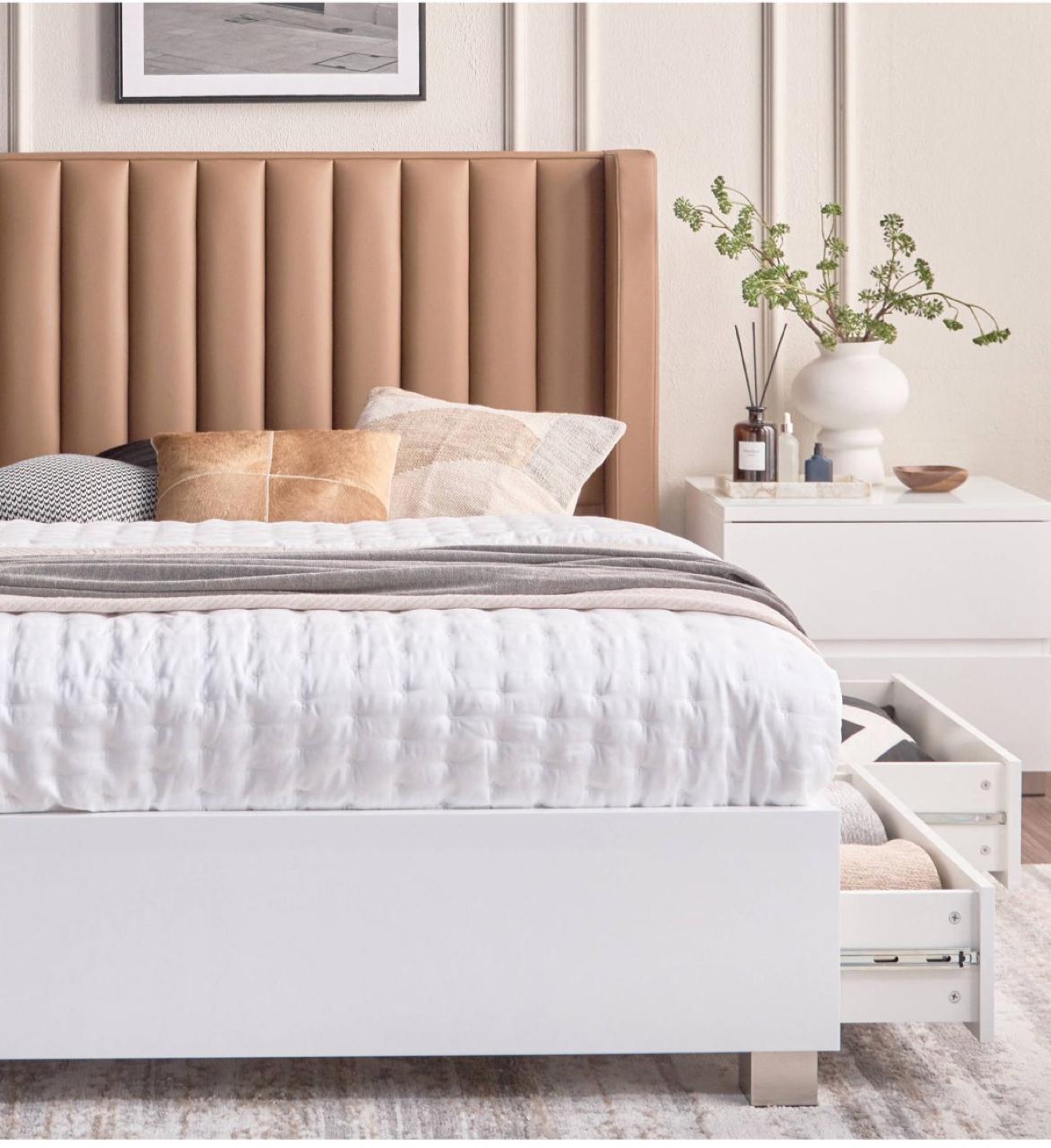 White Bed Frame with Tufted Headboard and Storage Drawers - photo 5