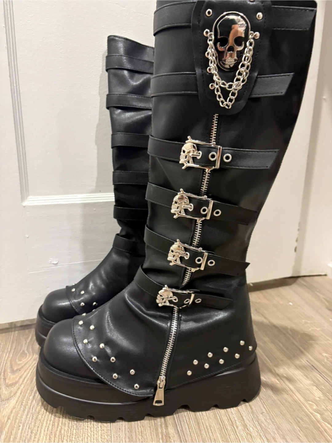 Black Platform Boots with Skull & Chain Details