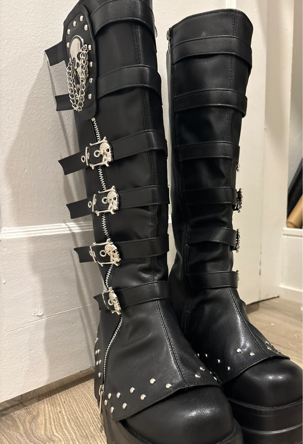 Black Platform Boots with Skull & Chain Details - photo 3