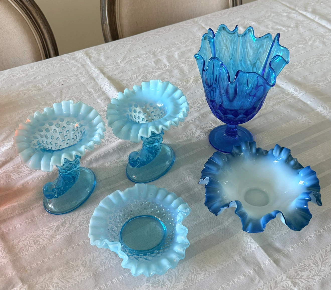 Blue Hobnail Glass Vase and Dishes