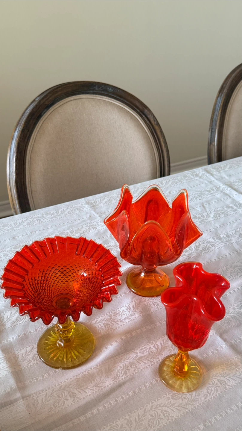 Set of 3 Orange and Red Glass Candy Dishes