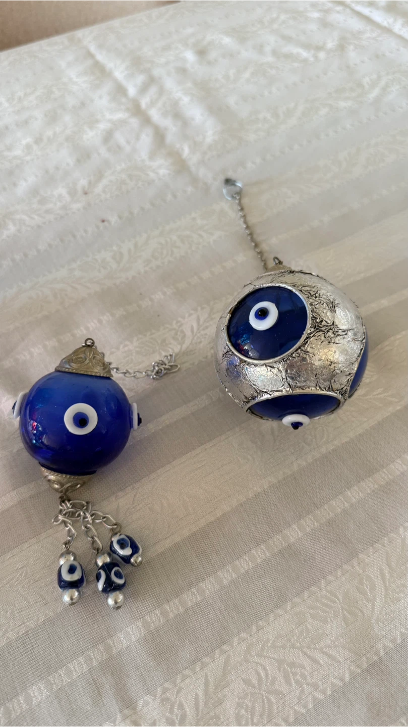 2 Blue Evil Eye Glass Hanging Ornaments