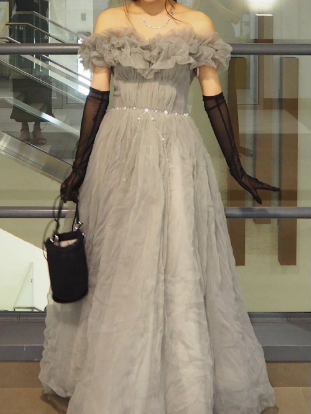 Grey Off-the-Shoulder Tulle Gown with Ruffle Neckline - photo 2