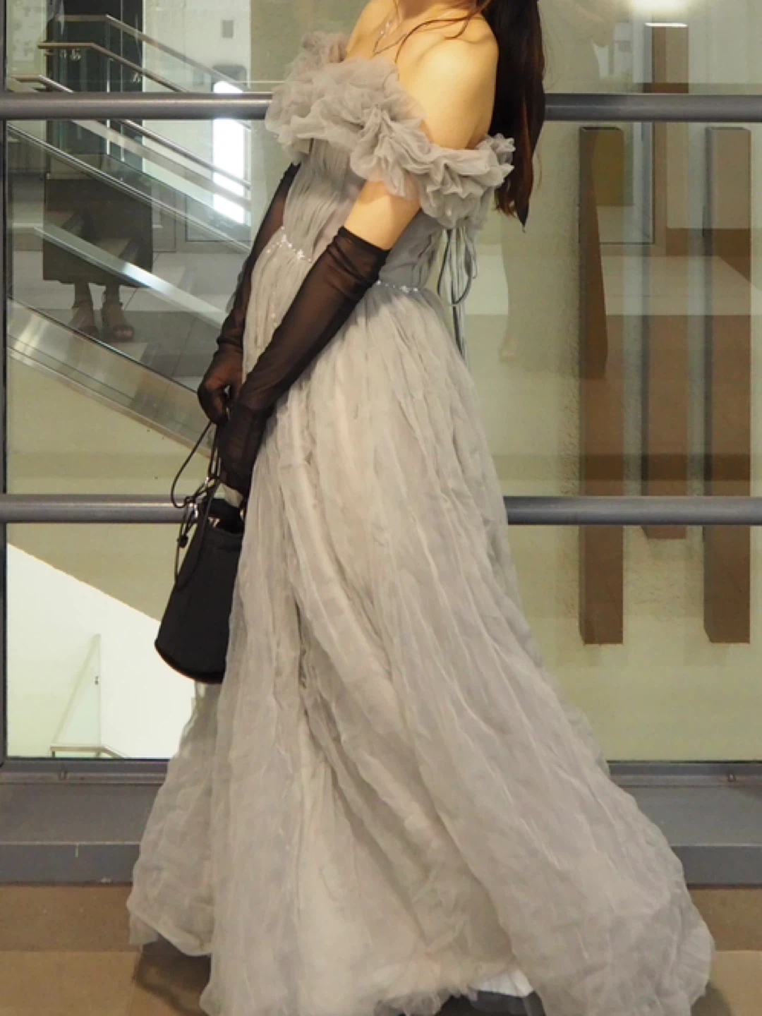 Grey Off-the-Shoulder Tulle Gown with Ruffle Neckline - photo 3