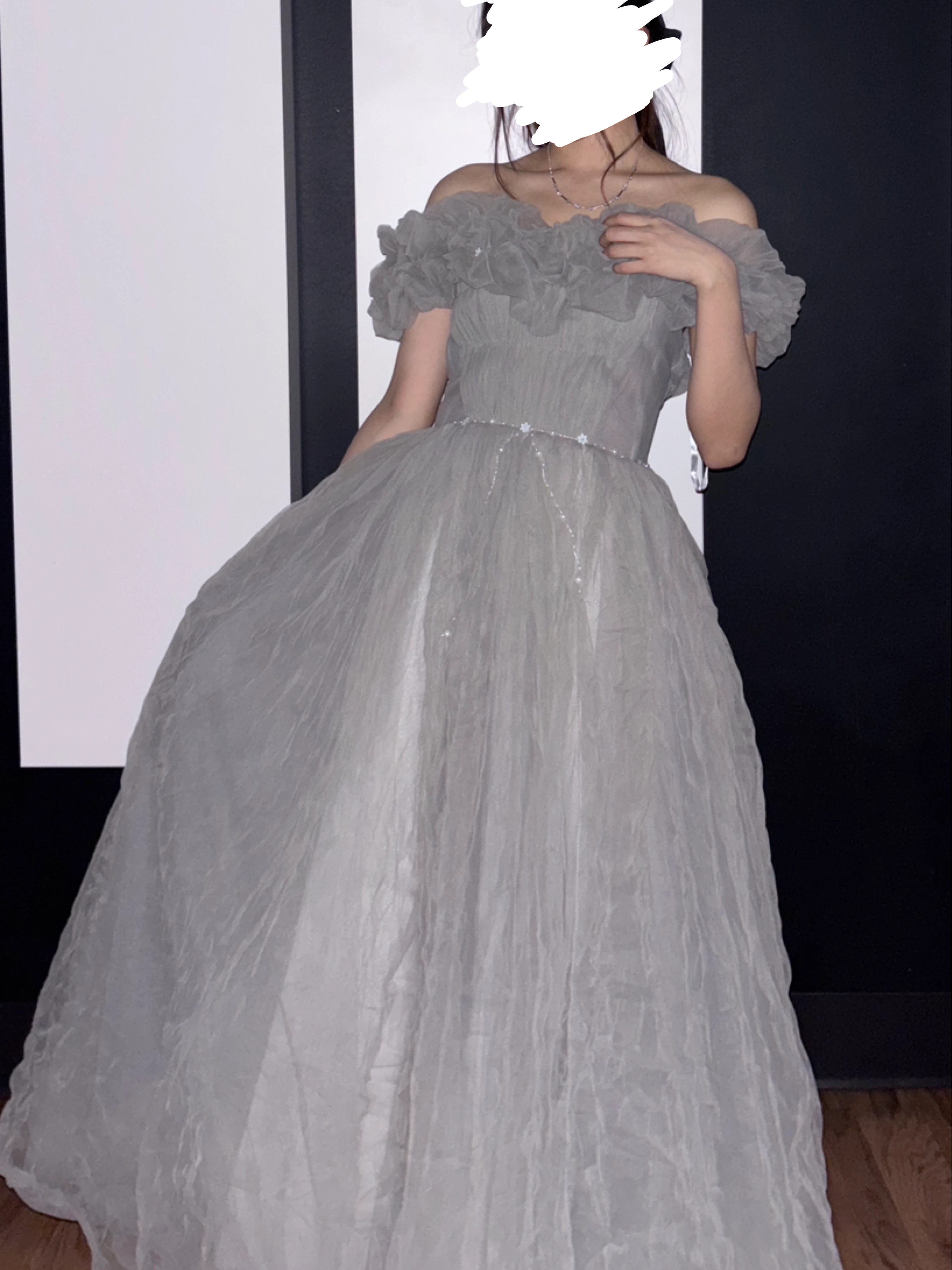 Grey Off-the-Shoulder Tulle Gown with Ruffle Neckline