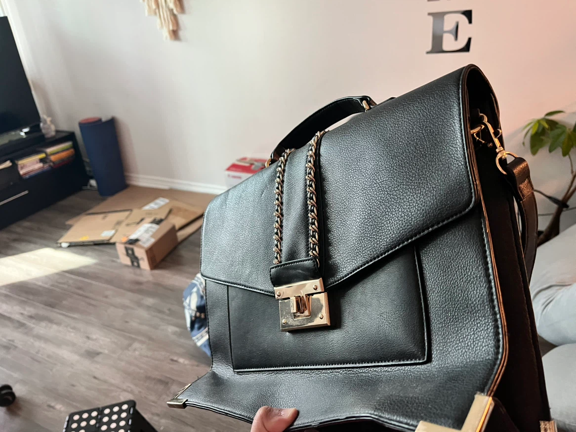 Black Faux Leather Satchel laptop Bag with Gold Chain Detail