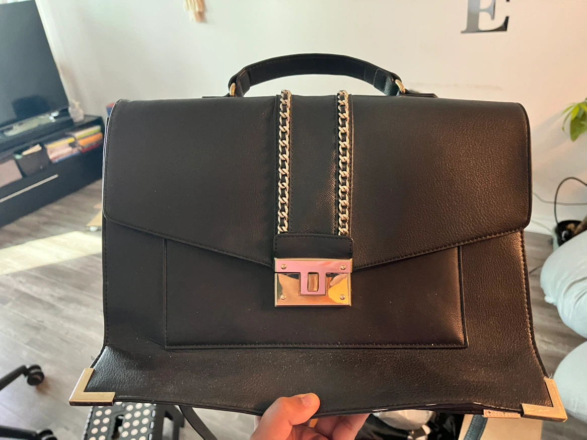 Black Faux Leather Satchel laptop Bag with Gold Chain Detail - photo 2