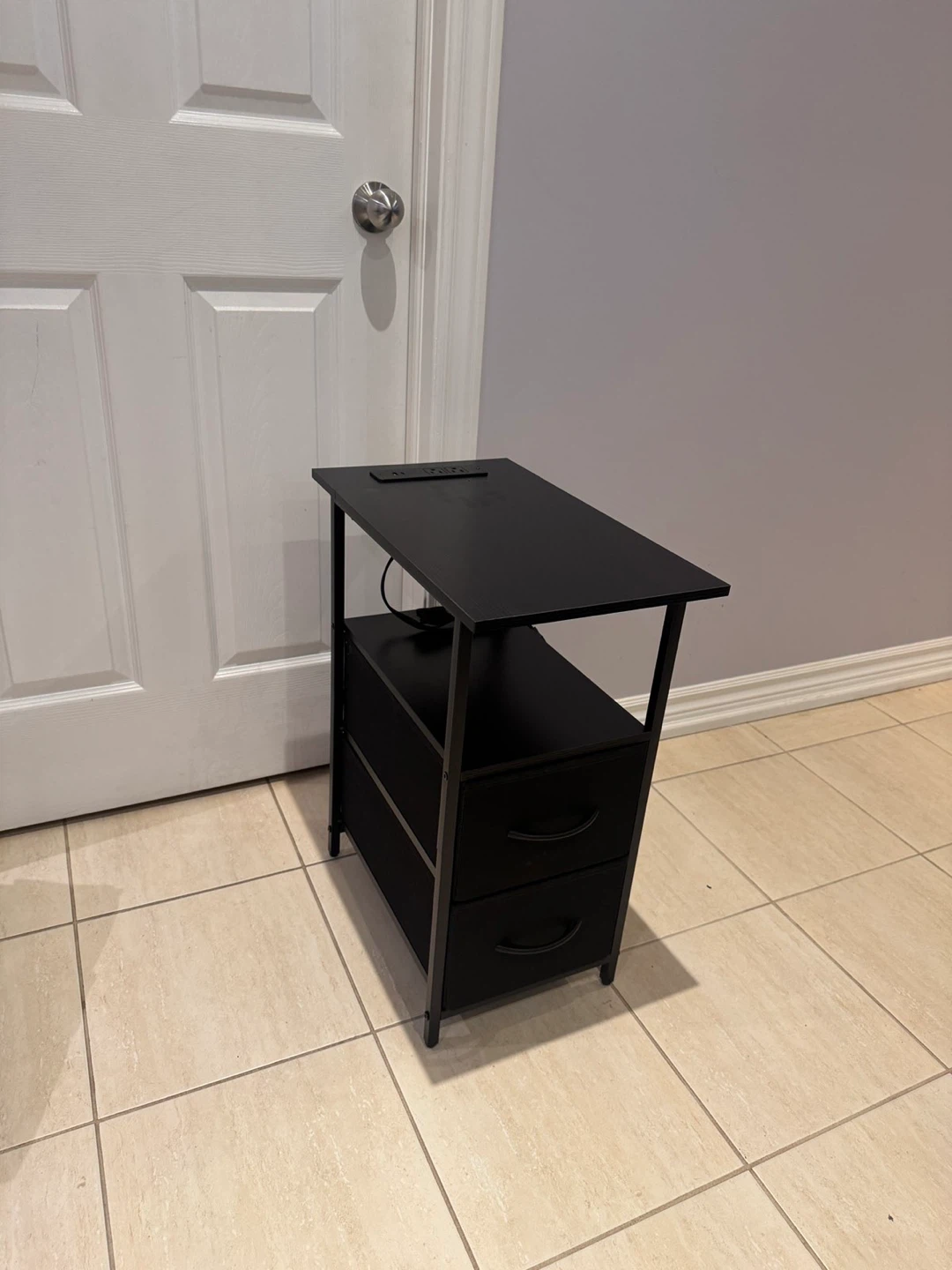 Black Side Table with 2 Drawers and Built-in Outlets