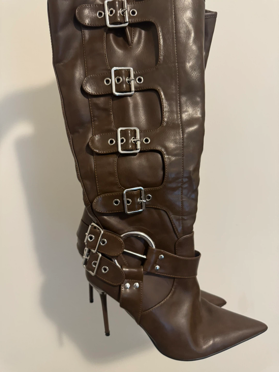 Chocolate PU Point Toe Buckle Detail Knee High Heeled Boots