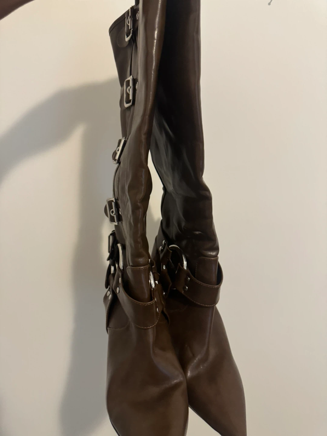 Chocolate PU Point Toe Buckle Detail Knee High Heeled Boots - photo 3