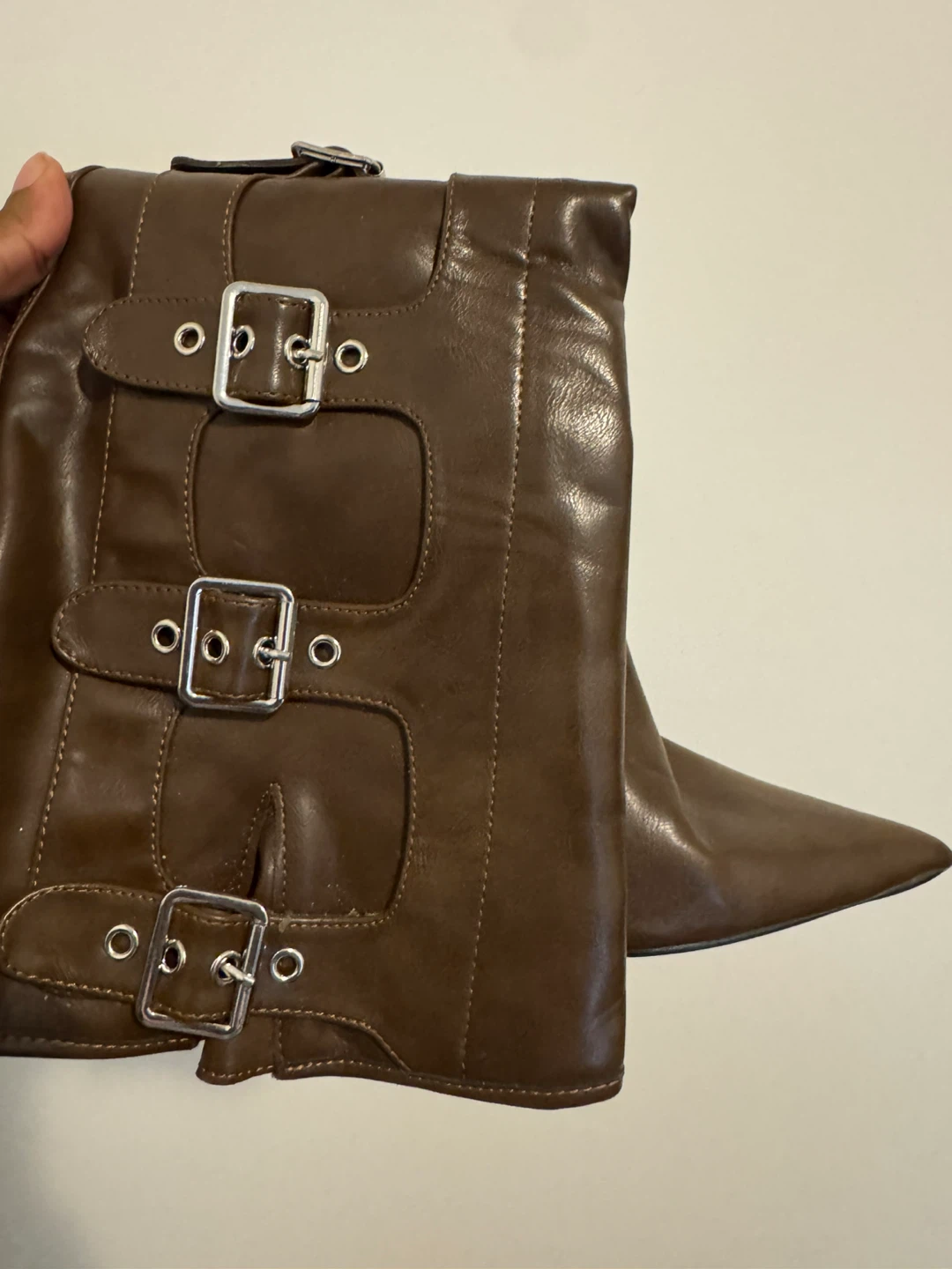 Chocolate PU Point Toe Buckle Detail Knee High Heeled Boots - photo 5