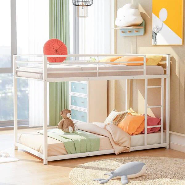 White Twin Over Twin Metal Bunk Bed, Heavy Duty