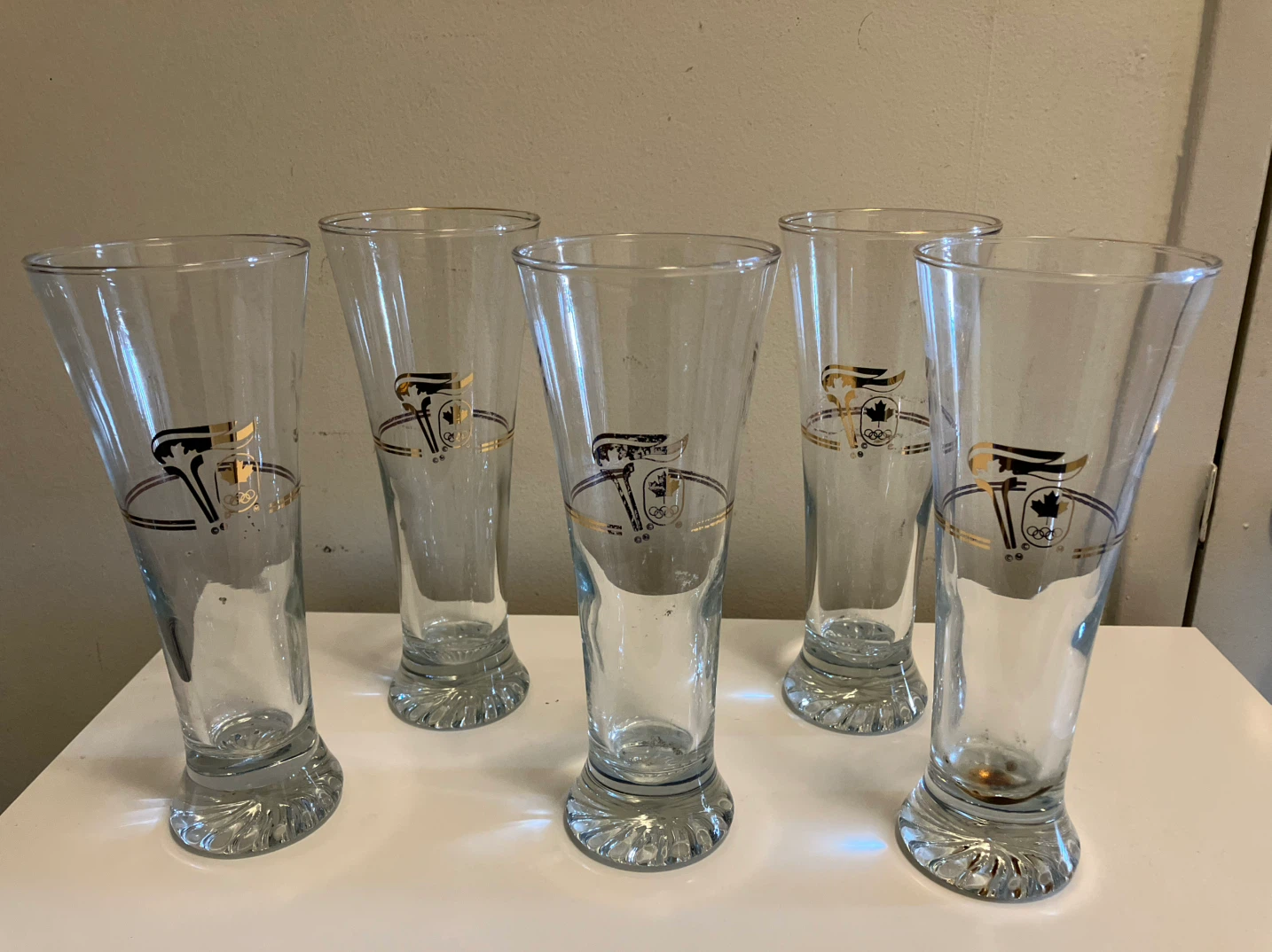 Set of 5 Vintage Canadian Olympic Pilsner Glasses-height 8”