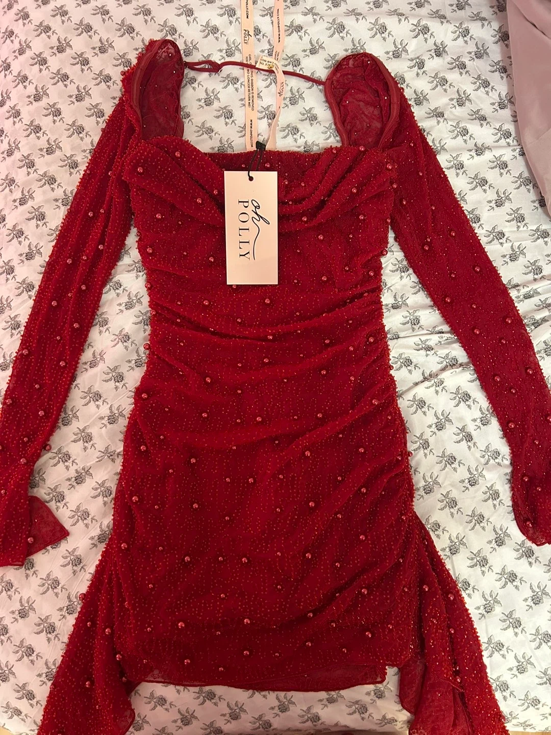 Oh Polly Red Beaded Long Sleeve Mini Dress