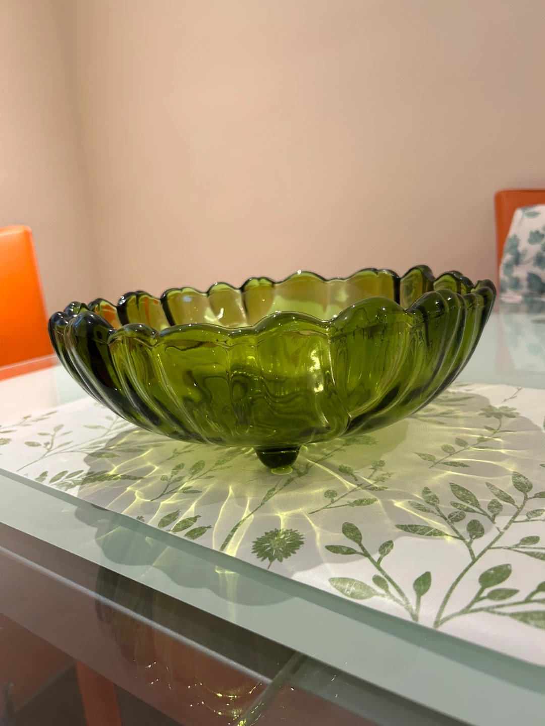 Vintage Green Glass Footed  salad Bowl