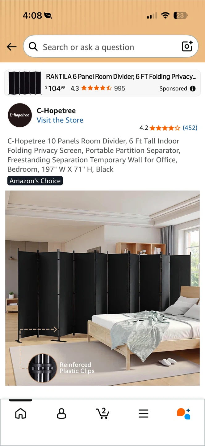C-Hopetree 10 Panel Folding Room Divider - Black