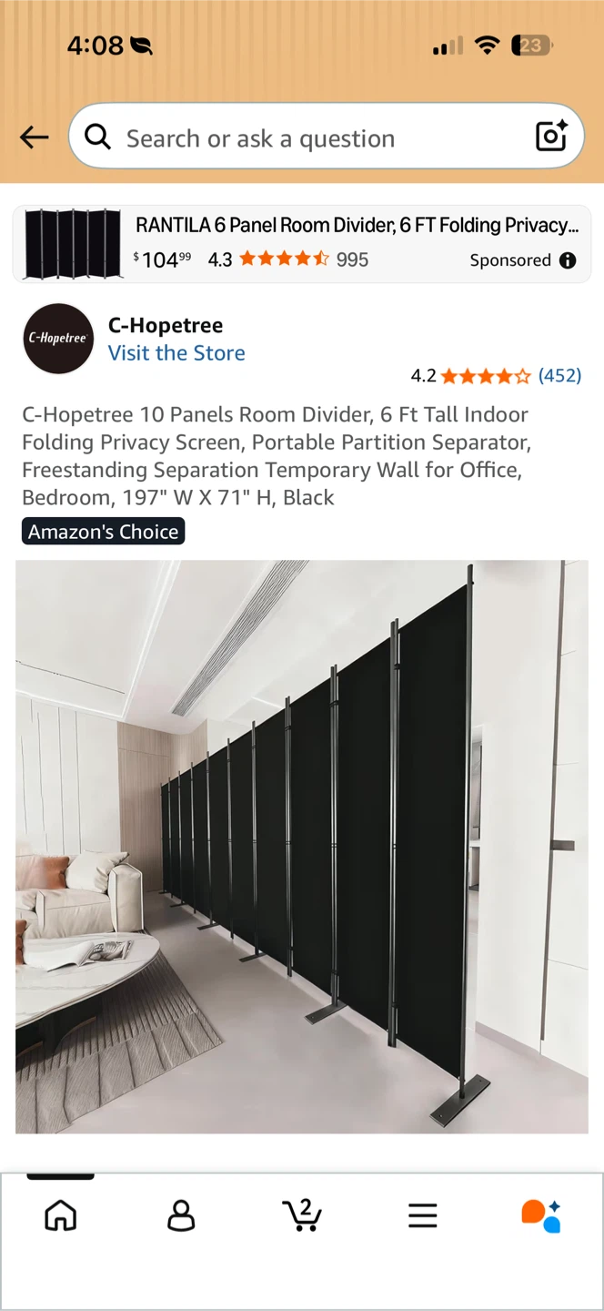 C-Hopetree 10 Panel Folding Room Divider - Black - photo 3