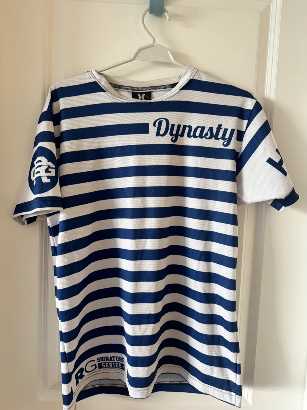 White and blue stripped jersey